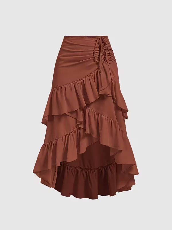 Elegant Brown Asymmetrical Ruffle Hem Skirt